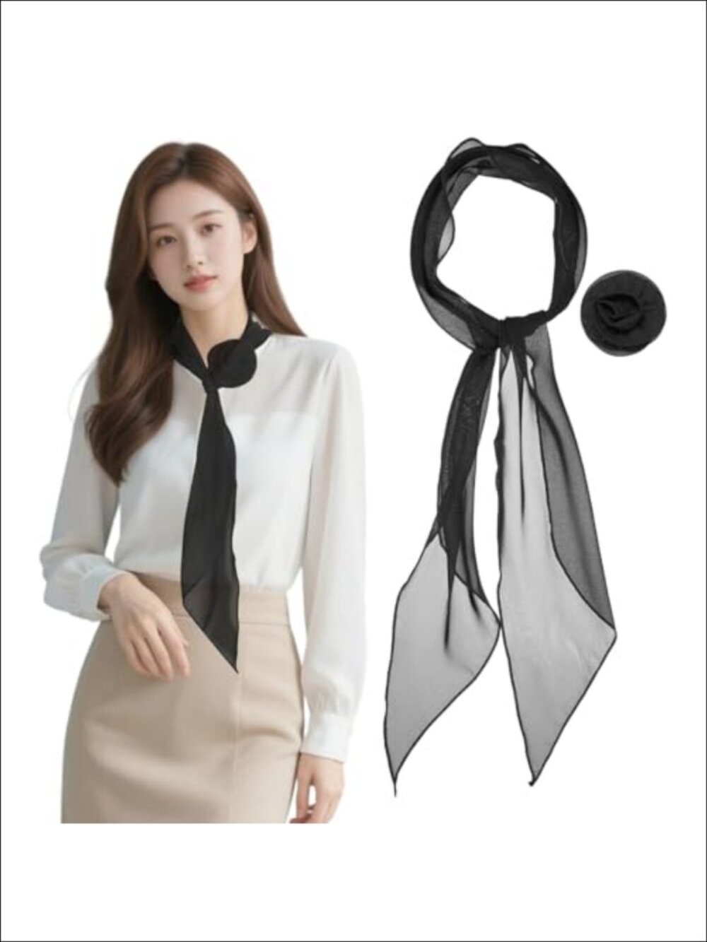Chiffon Scarf with Detachable Rose Flower Long Skinny Neckerchief
